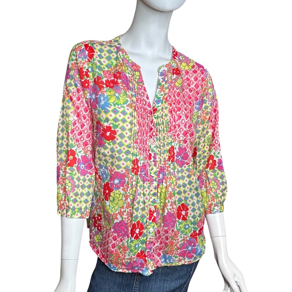 Talbots Pink Floral Button Up Blouse 3/4 Sleeves Cotton Size Petite Medium